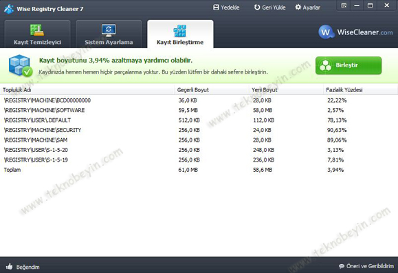 Wise Registry Cleaner 7-kayıt birleştirme