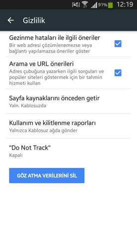 android chrome cerezleri silme islemi