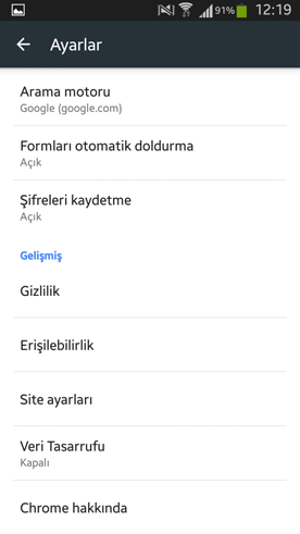 chrome ayarlar menusu