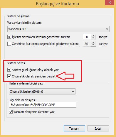 mavi ekran otomatik yeniden baslatma devre disi birakma