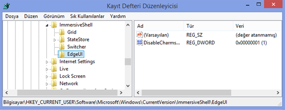 windows 8 sag menu kapatma islemi