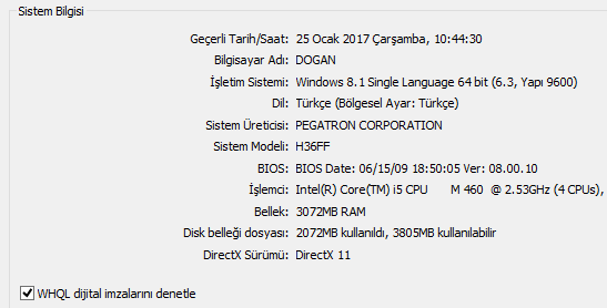dxdiag ekran goruntusu