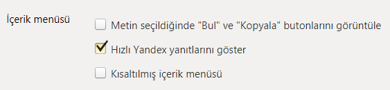 Yandex Browser'da Bul ve Kopyala Özelliğini Kapatmak Yandex Browser'da Bul ve Kopyala Özelliğini Kapatmak