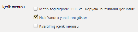 Yandex Browser'da Bul ve Kopyala Özelliğini Kapatmak