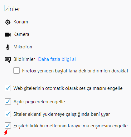 Firefox Erişilebilirlik Hizmetlerinin Erişimini Kapatalım