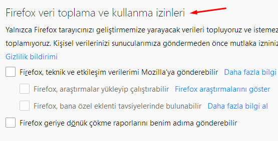 Firefox'un Veri Toplama ve Kullanma İzinlerini Belirleyelim