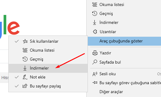 Microsoft Edge'de Araç Çubuğuna İndirmeler Kısayolu Eklemek