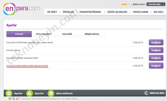 Enpara Encard İnteret Alışveriş Limiti Arttırma Açma Kapama