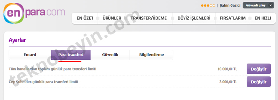 Enpara Günlük Para Transfer Limiti Değiştirme