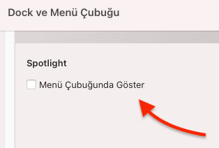 Menü Çubuğundan Spotlight Kaldırma