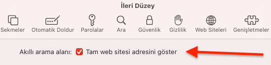 Apple Safari'deki Arama Alanında Tam Adresi Göstermek