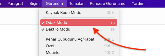 Typora'da Odak Modu Açma 3