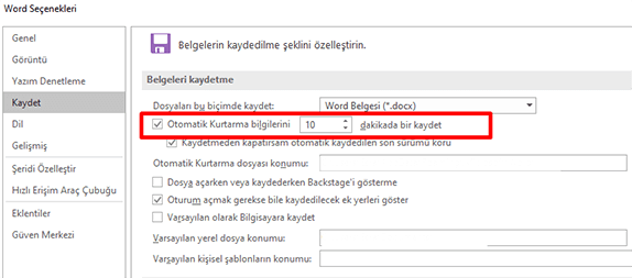 Word Otomatik Kayıt Süresini Değiştirme 3 Word Otomatik Kayıt Süresini Değiştirme 3