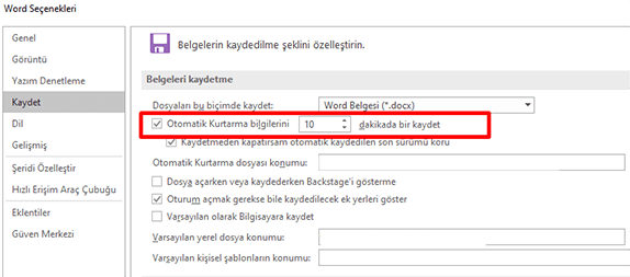 Word Otomatik Kayıt Süresini Değiştirme 3