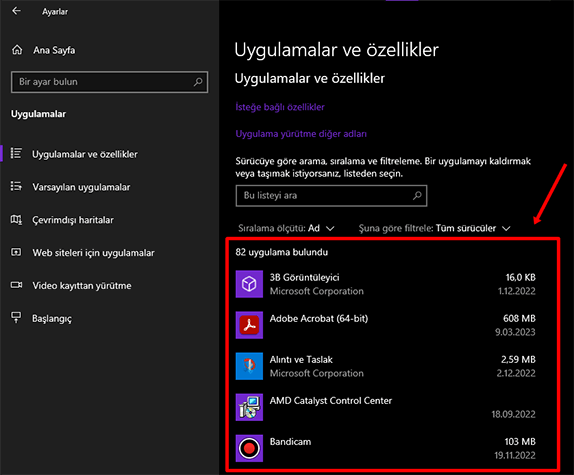 Windows 10 Yüklü Uygulamaların Hepsini Görüntüleme - Kaldırma - 4