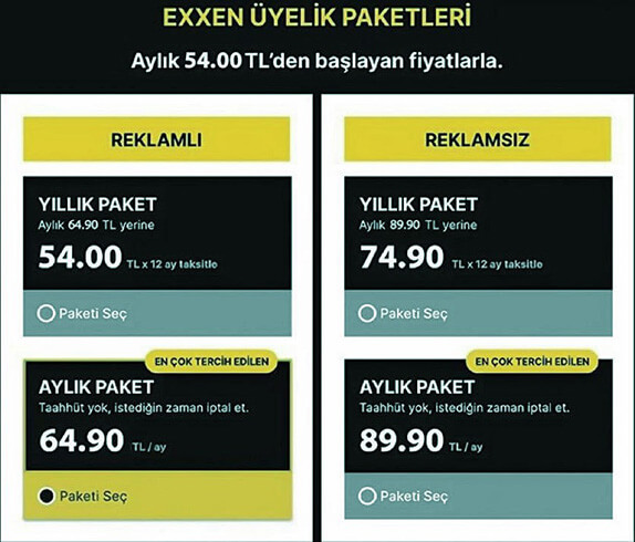 Exxen Aylık ve Yıllık Abonelik Ücretleri Exxen Aylık ve Yıllık Abonelik Ücretleri