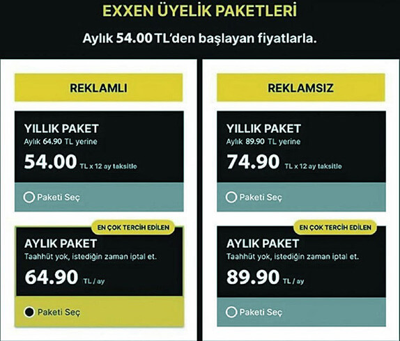 Exxen Aylık ve Yıllık Abonelik Ücretleri