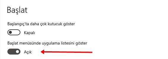 Windows 10 Başlangıçtaki Uygulama Listesini Açma - Gizleme Nasıl Yapılır? - 5